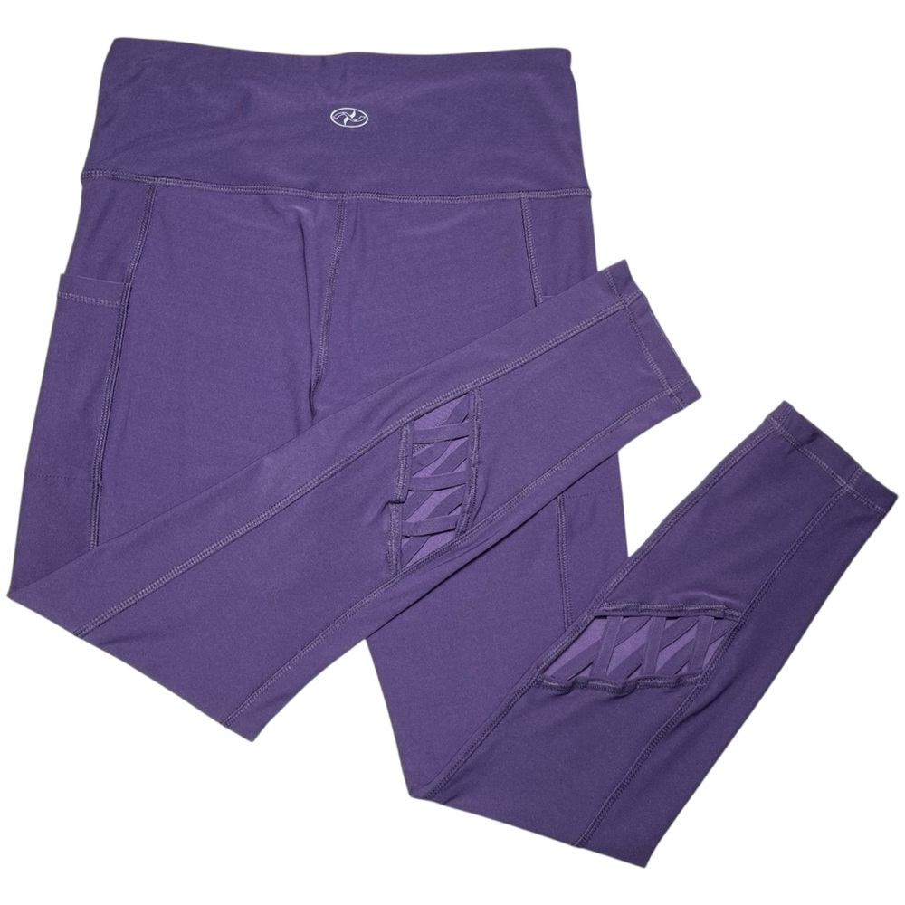 N.Y.L Sport Activewear Purple Yoga Leggings, Front Pockets, Lattice Cutout, Sm